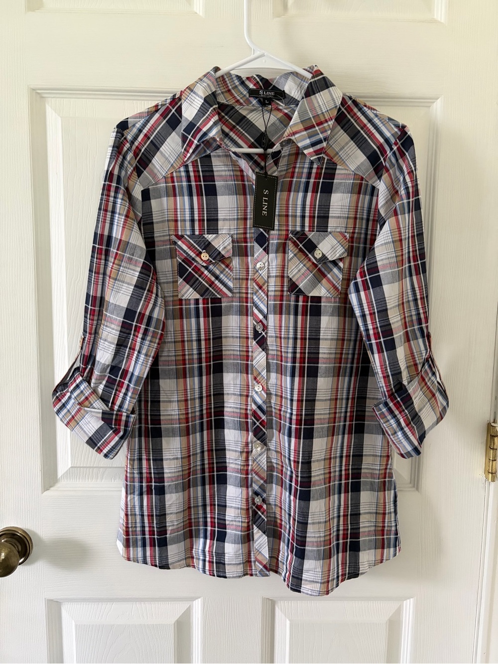 S Line Womens Red & Navy Plaid Button-Up Shirt